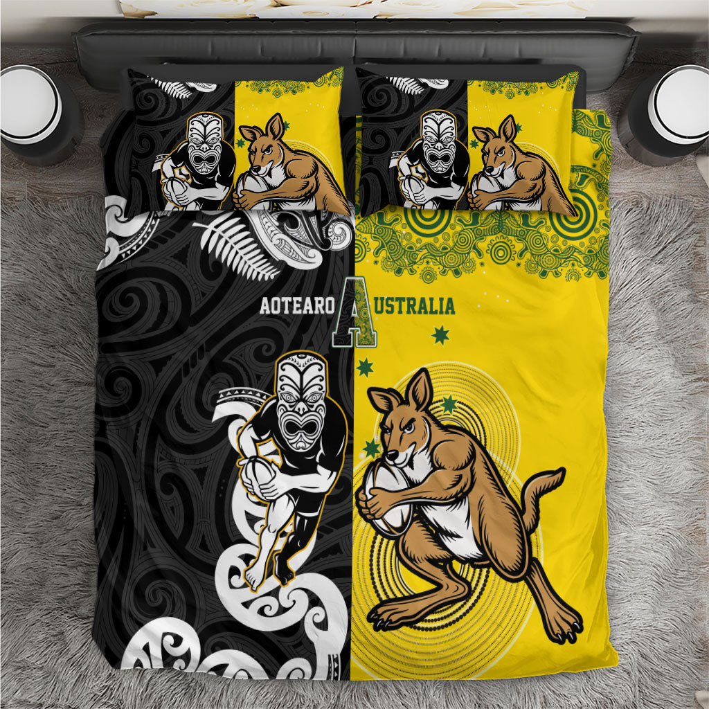 Aotearoa New Zealand and Australia Rugby Bedding Set Maori Koru and Aboriginal Dot Art Cultural Heritage
