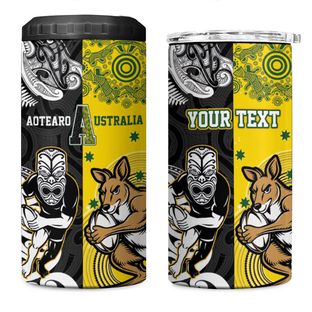 Aotearoa New Zealand and Australia Rugby Personalized 4 in 1 Can Cooler Tumbler Maori Koru and Aboriginal Dot Art Cultural Heritage