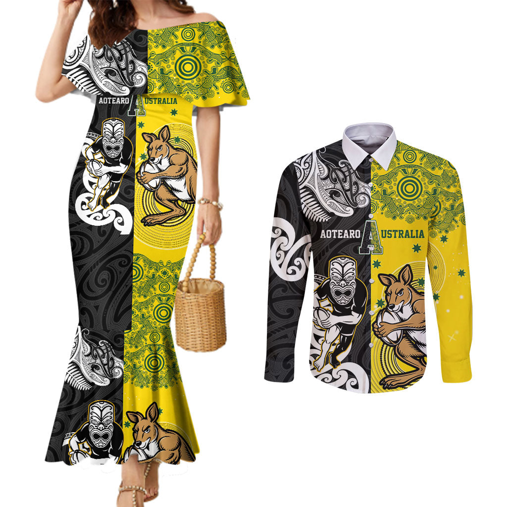 Aotearoa New Zealand and Australia Rugby Personalized Couples Matching Mermaid Dress and Long Sleeve Button Shirt Maori Koru and Aboriginal Dot Art Cultural Heritage