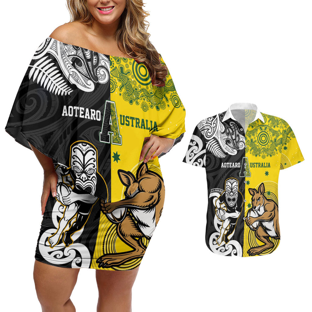 Aotearoa New Zealand and Australia Rugby Personalized Couples Matching Off Shoulder Short Dress and Hawaiian Shirt Maori Koru and Aboriginal Dot Art Cultural Heritage