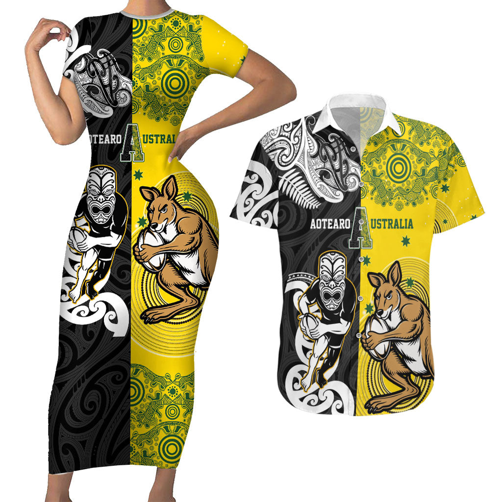 Aotearoa New Zealand and Australia Rugby Personalized Couples Matching Short Sleeve Bodycon Dress and Hawaiian Shirt Maori Koru and Aboriginal Dot Art Cultural Heritage