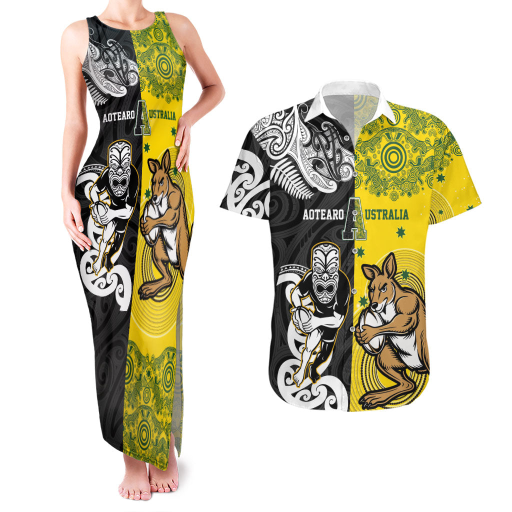 Aotearoa New Zealand and Australia Rugby Personalized Couples Matching Tank Maxi Dress and Hawaiian Shirt Maori Koru and Aboriginal Dot Art Cultural Heritage
