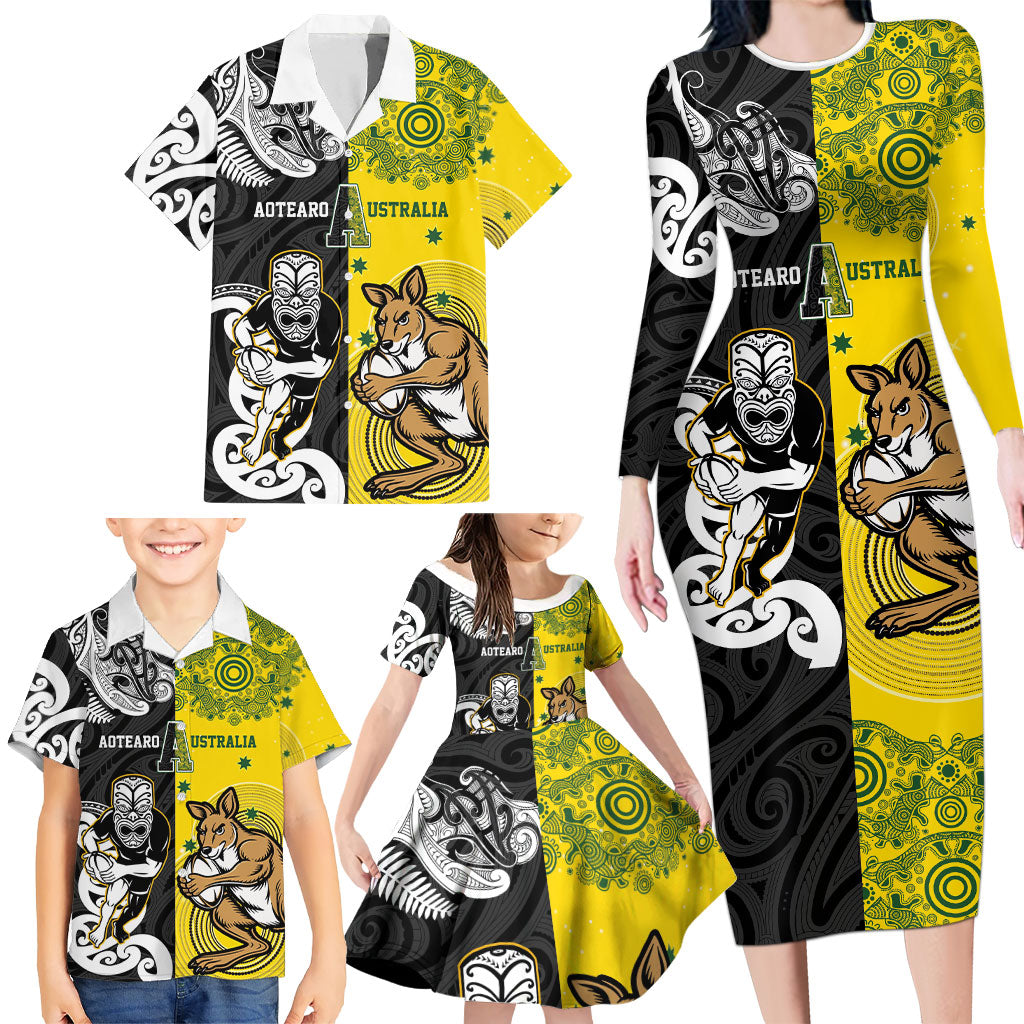 Aotearoa New Zealand and Australia Rugby Personalized Family Matching Long Sleeve Bodycon Dress and Hawaiian Shirt Maori Koru and Aboriginal Dot Art Cultural Heritage