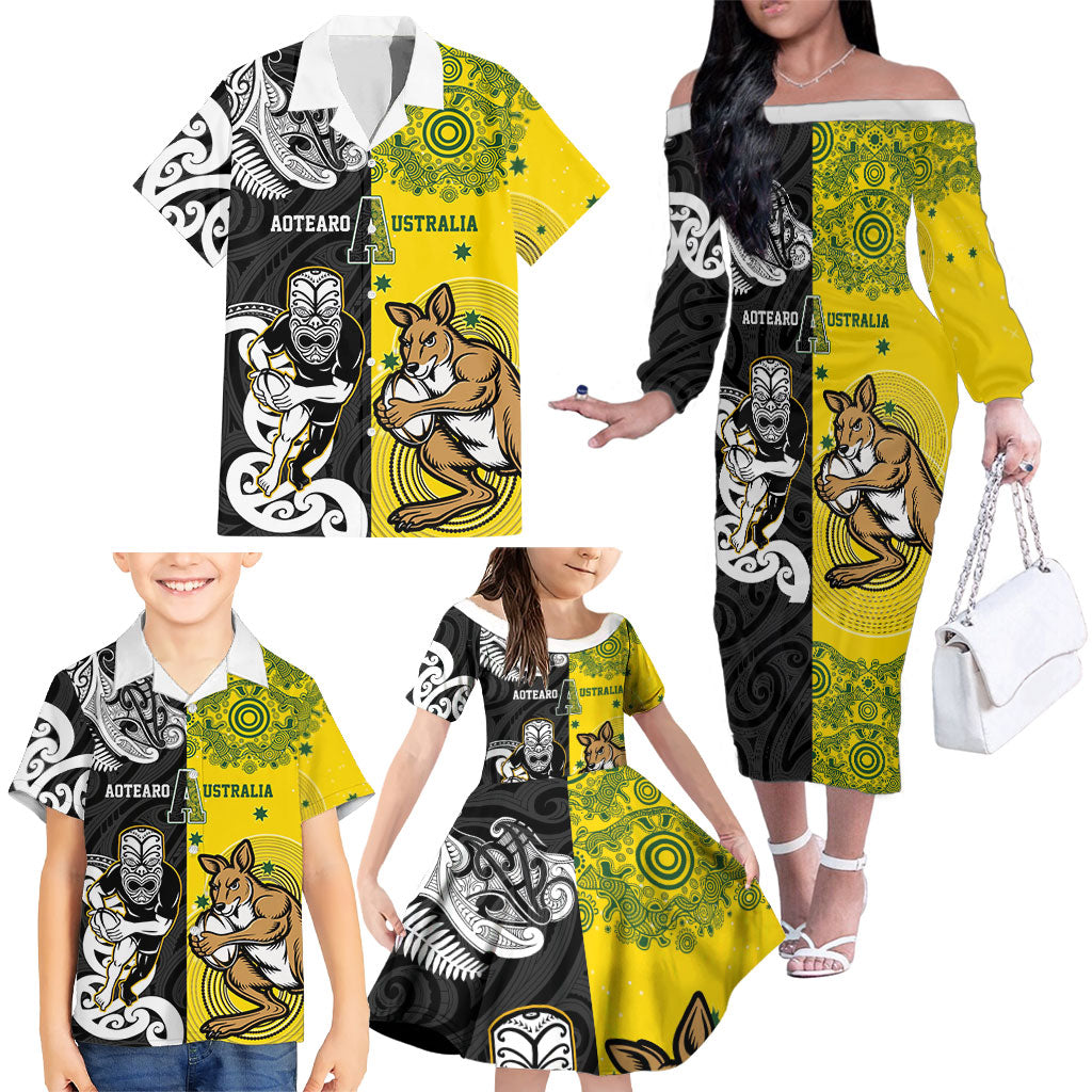 Aotearoa New Zealand and Australia Rugby Personalized Family Matching Off The Shoulder Long Sleeve Dress and Hawaiian Shirt Maori Koru and Aboriginal Dot Art Cultural Heritage