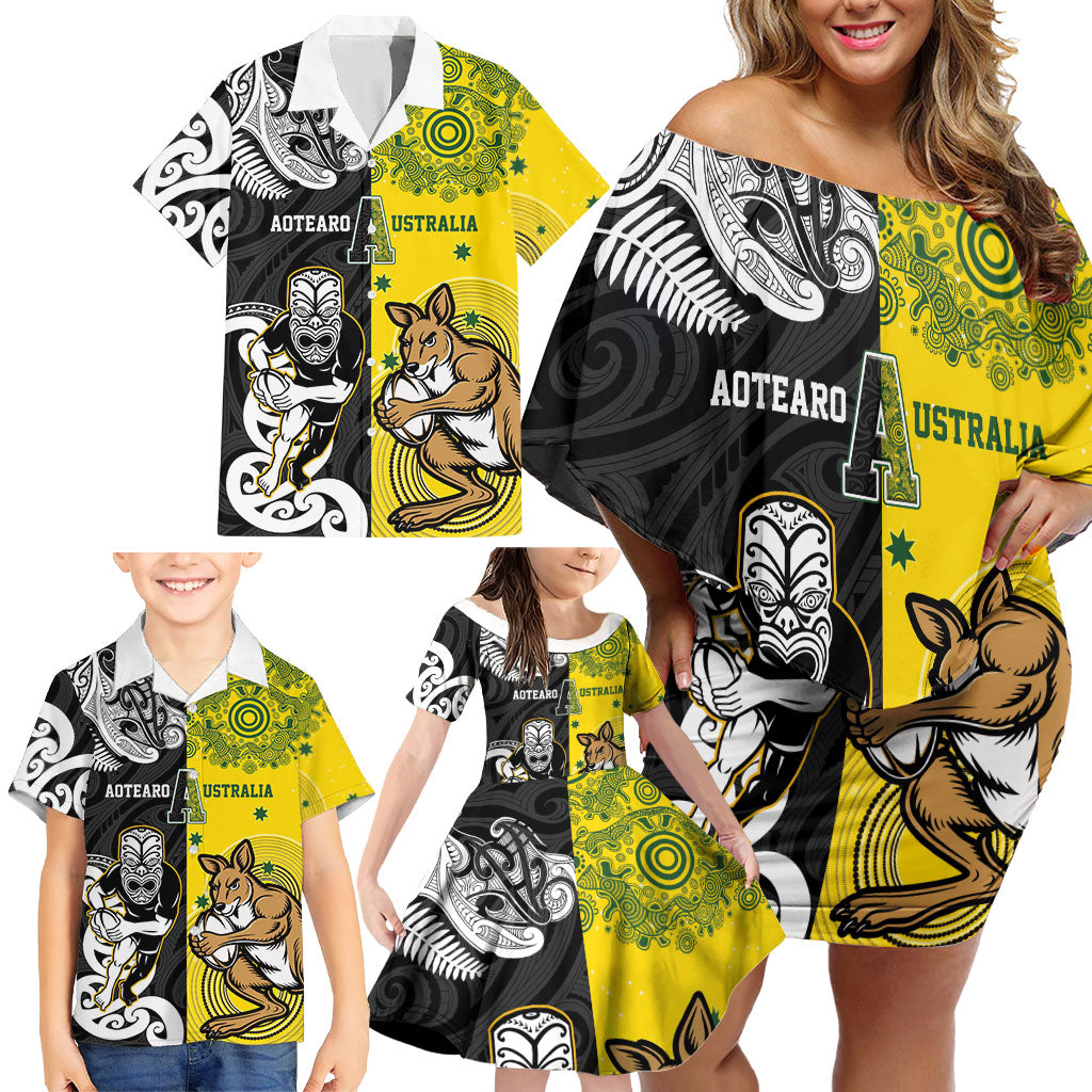 Aotearoa New Zealand and Australia Rugby Personalized Family Matching Off Shoulder Short Dress and Hawaiian Shirt Maori Koru and Aboriginal Dot Art Cultural Heritage
