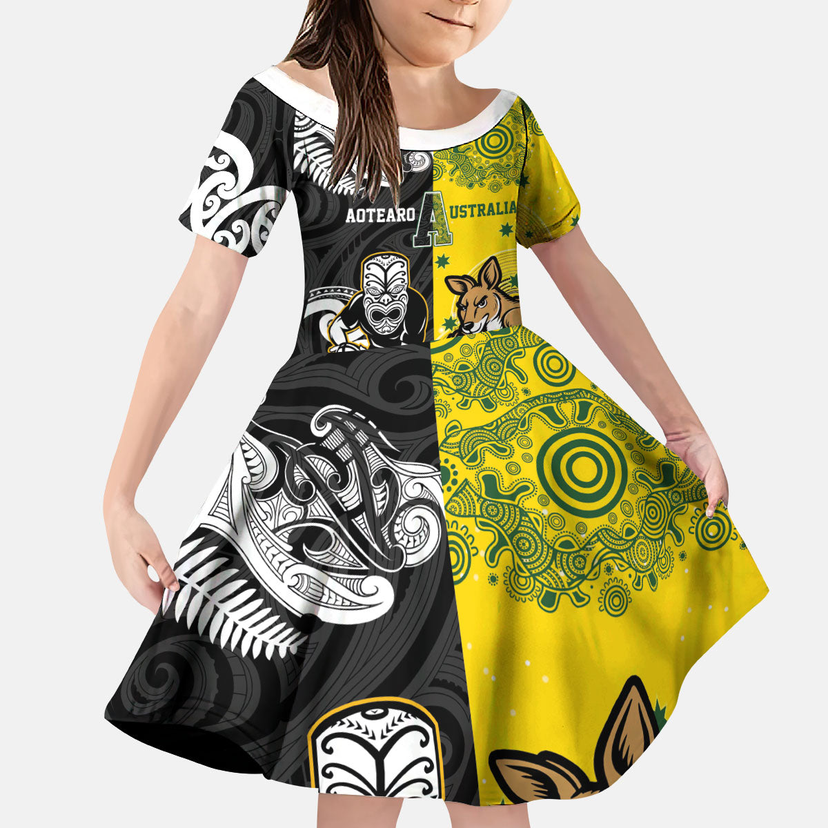Aotearoa New Zealand and Australia Rugby Personalized Kid Short Sleeve Dress Maori Koru and Aboriginal Dot Art Cultural Heritage