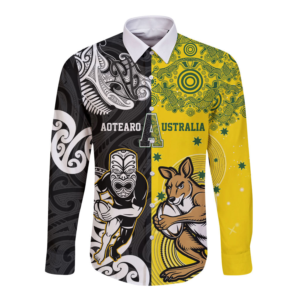 Aotearoa New Zealand and Australia Rugby Personalized Long Sleeve Button Shirt Maori Koru and Aboriginal Dot Art Cultural Heritage