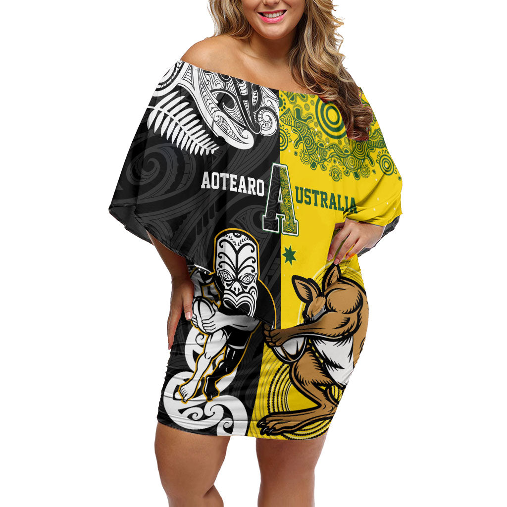 Aotearoa New Zealand and Australia Rugby Personalized Off Shoulder Short Dress Maori Koru and Aboriginal Dot Art Cultural Heritage