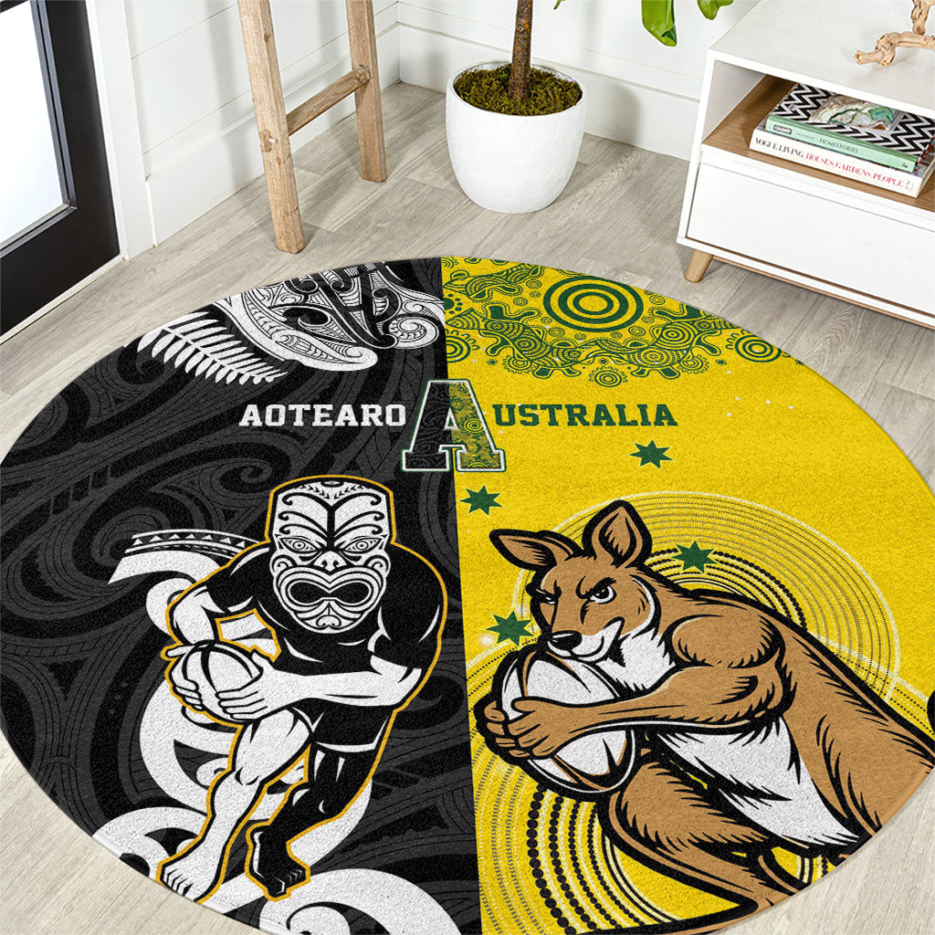 Aotearoa New Zealand and Australia Rugby Round Carpet Maori Koru and Aboriginal Dot Art Cultural Heritage