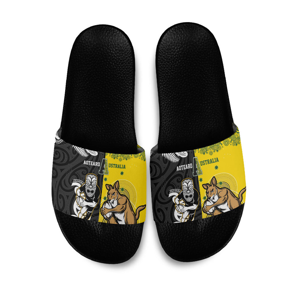 Aotearoa New Zealand and Australia Rugby Slide Sandals Maori Koru and Aboriginal Dot Art Cultural Heritage