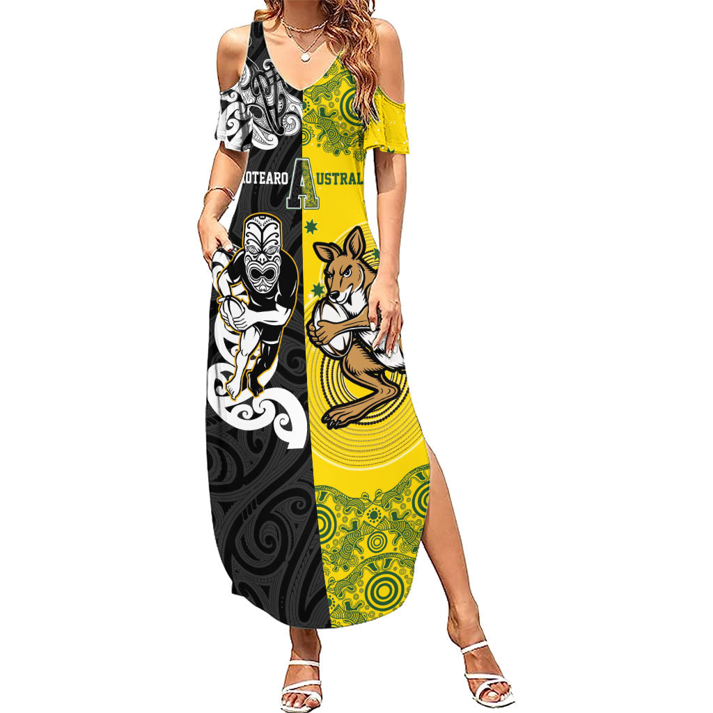 Aotearoa New Zealand and Australia Rugby Personalized Summer Maxi Dress Maori Koru and Aboriginal Dot Art Cultural Heritage