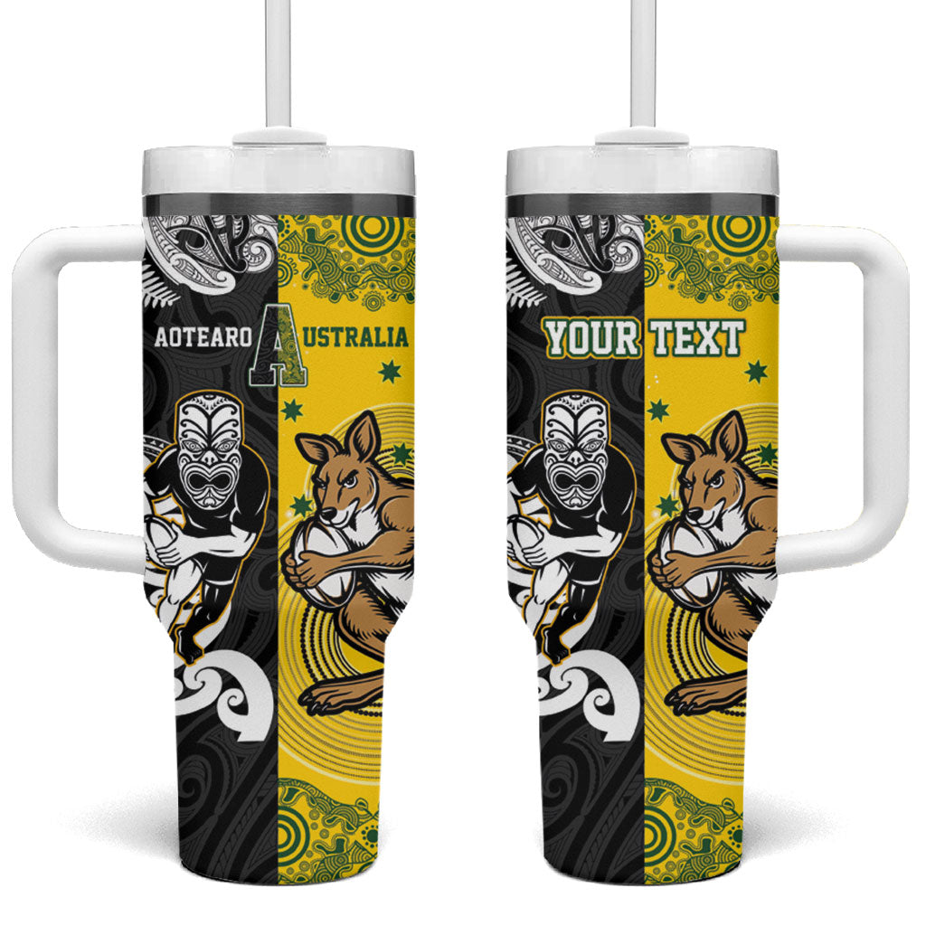 Aotearoa New Zealand and Australia Rugby Personalized Tumbler With Handle Maori Koru and Aboriginal Dot Art Cultural Heritage