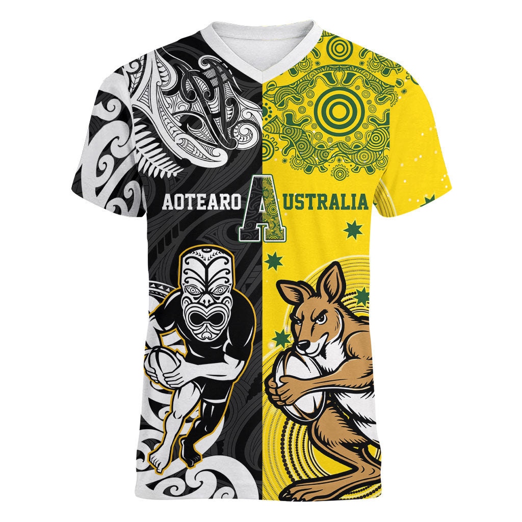 Aotearoa New Zealand and Australia Rugby Personalized Women V-Neck T-Shirt Maori Koru and Aboriginal Dot Art Cultural Heritage