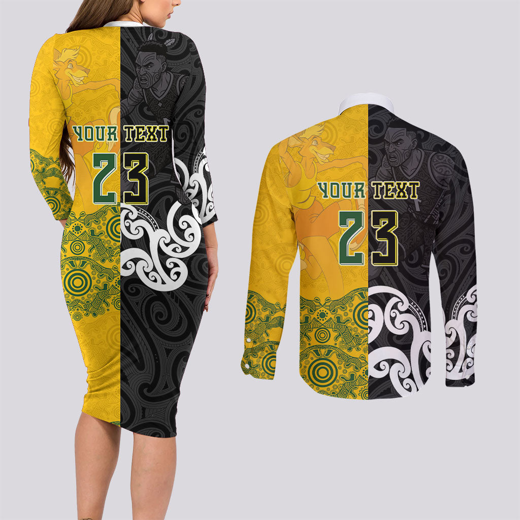 Aotearoa New Zealand And Australia Basketball Custom Couples Matching Long Sleeve Bodycon Dress and Long Sleeve Button Shirt Maori Tribal Tattoo And Aboriginal Dot Art Heritage