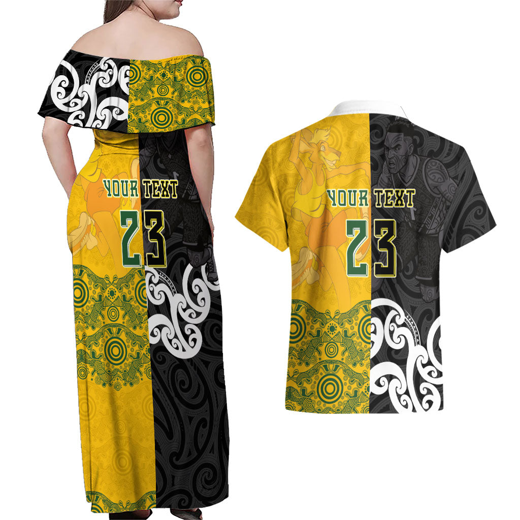 Aotearoa New Zealand And Australia Basketball Custom Couples Matching Off Shoulder Maxi Dress and Hawaiian Shirt Maori Tribal Tattoo And Aboriginal Dot Art Heritage
