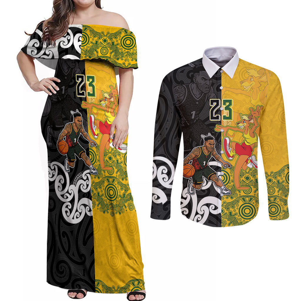 Aotearoa New Zealand And Australia Basketball Custom Couples Matching Off Shoulder Maxi Dress and Long Sleeve Button Shirt Maori Tribal Tattoo And Aboriginal Dot Art Heritage