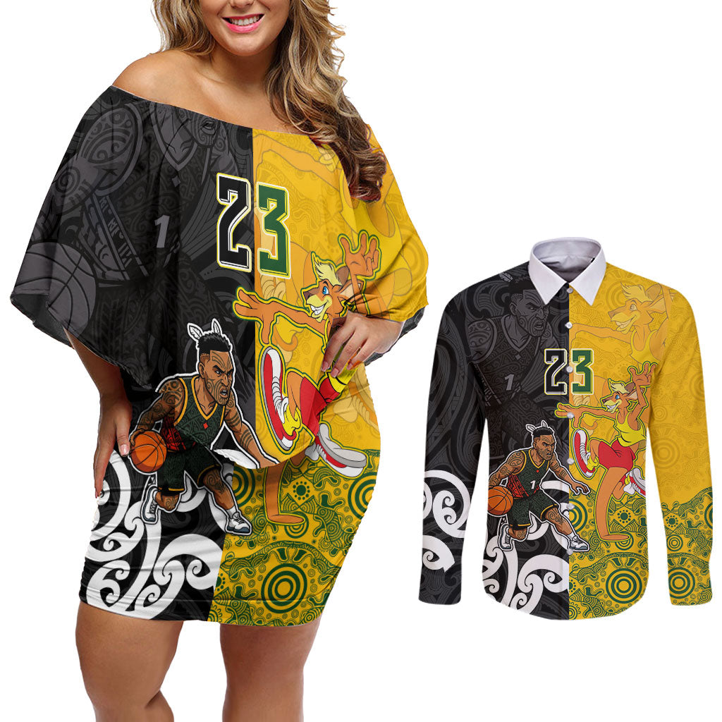 Aotearoa New Zealand And Australia Basketball Custom Couples Matching Off Shoulder Short Dress and Long Sleeve Button Shirt Maori Tribal Tattoo And Aboriginal Dot Art Heritage