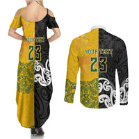 Aotearoa New Zealand And Australia Basketball Custom Couples Matching Summer Maxi Dress and Long Sleeve Button Shirt Maori Tribal Tattoo And Aboriginal Dot Art Heritage