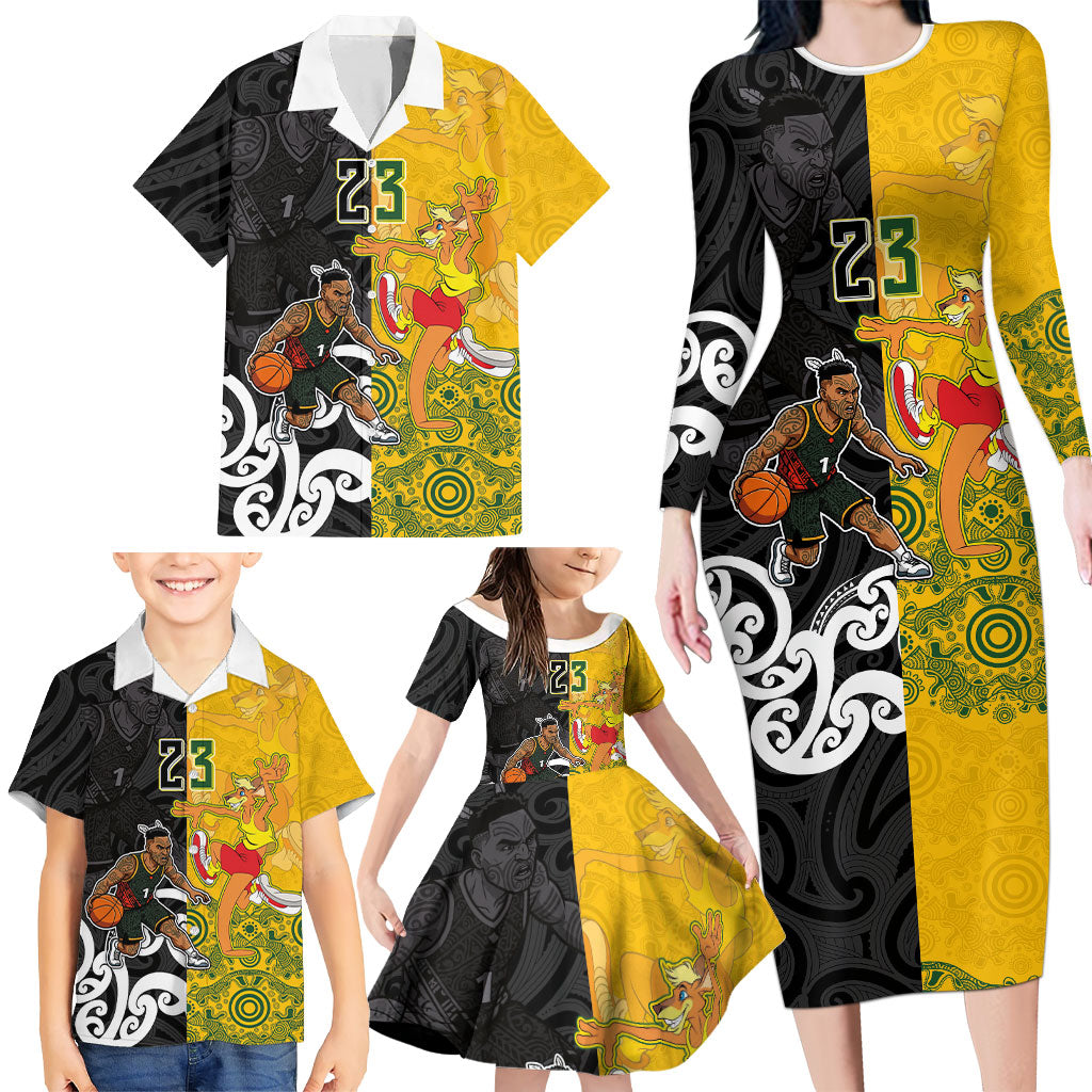 Aotearoa New Zealand And Australia Basketball Custom Family Matching Long Sleeve Bodycon Dress and Hawaiian Shirt Maori Tribal Tattoo And Aboriginal Dot Art Heritage LT03 - Polynesian Pride