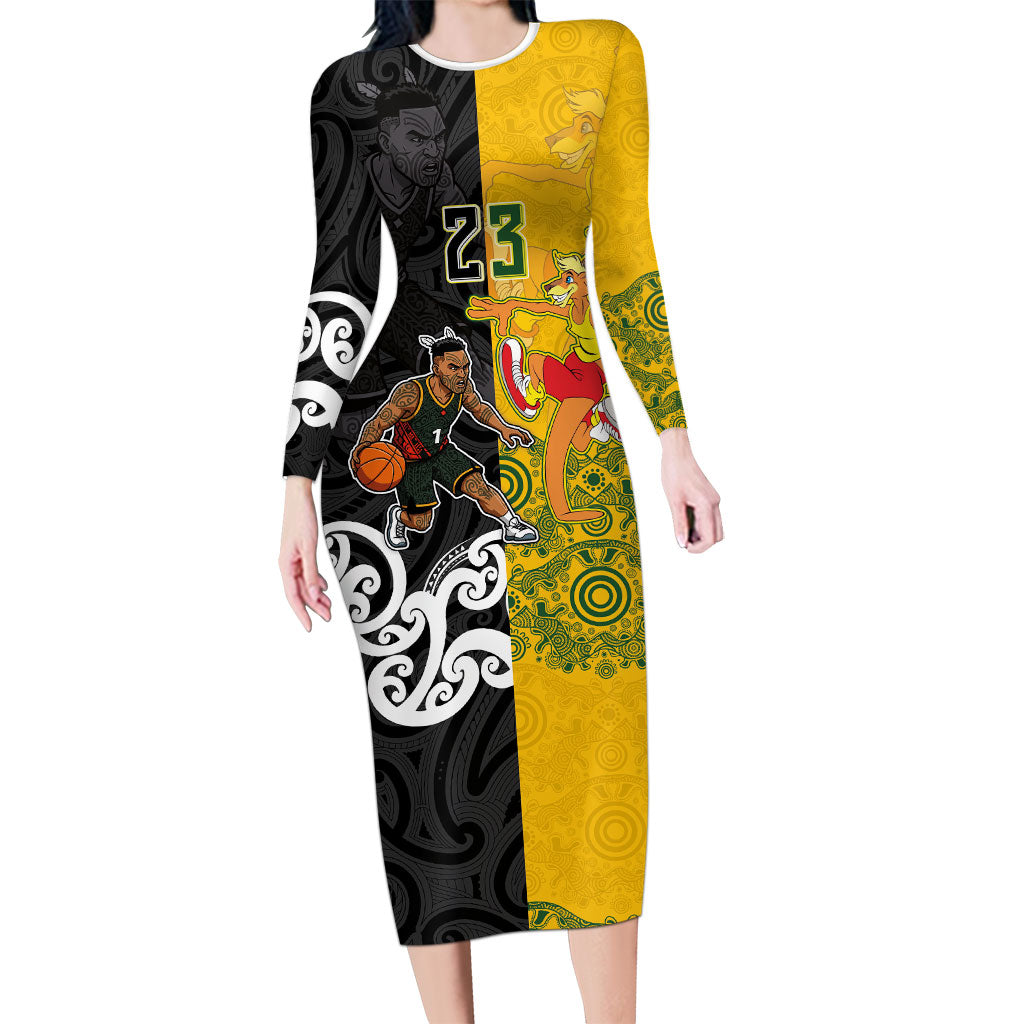 Aotearoa New Zealand And Australia Basketball Custom Family Matching Long Sleeve Bodycon Dress and Hawaiian Shirt Maori Tribal Tattoo And Aboriginal Dot Art Heritage LT03 Mom's Dress Multicolor - Polynesian Pride