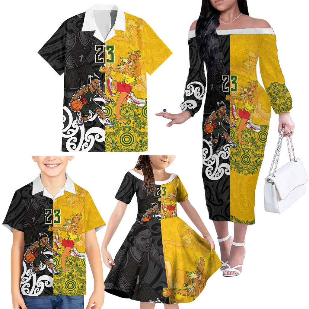 Aotearoa New Zealand And Australia Basketball Custom Family Matching Off The Shoulder Long Sleeve Dress and Hawaiian Shirt Maori Tribal Tattoo And Aboriginal Dot Art Heritage LT03 - Polynesian Pride