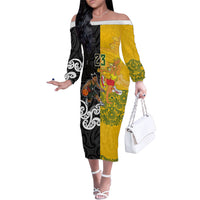 Aotearoa New Zealand And Australia Basketball Custom Family Matching Off The Shoulder Long Sleeve Dress and Hawaiian Shirt Maori Tribal Tattoo And Aboriginal Dot Art Heritage LT03 Mom's Dress Multicolor - Polynesian Pride