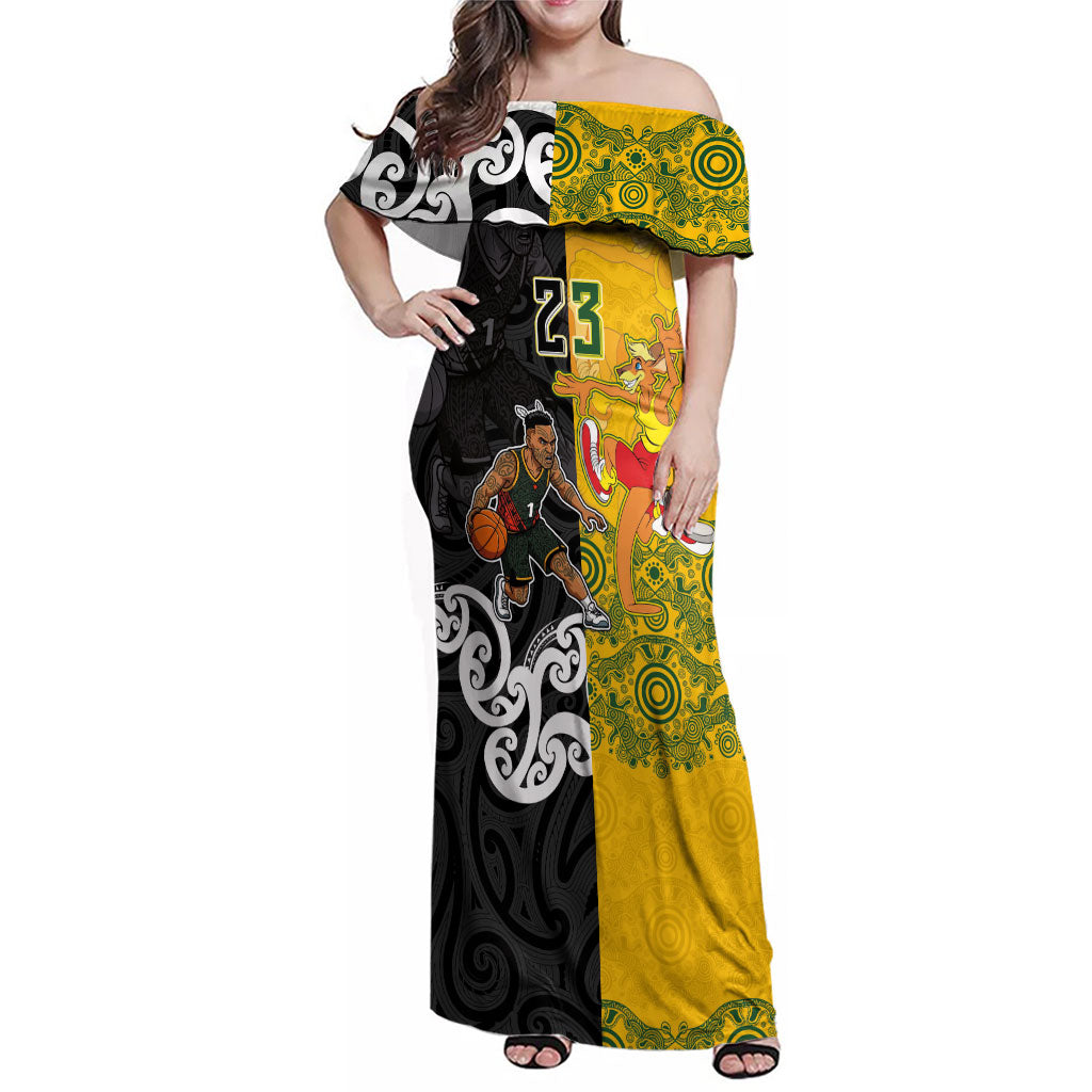 Aotearoa New Zealand And Australia Basketball Custom Family Matching Off Shoulder Maxi Dress and Hawaiian Shirt Maori Tribal Tattoo And Aboriginal Dot Art Heritage
