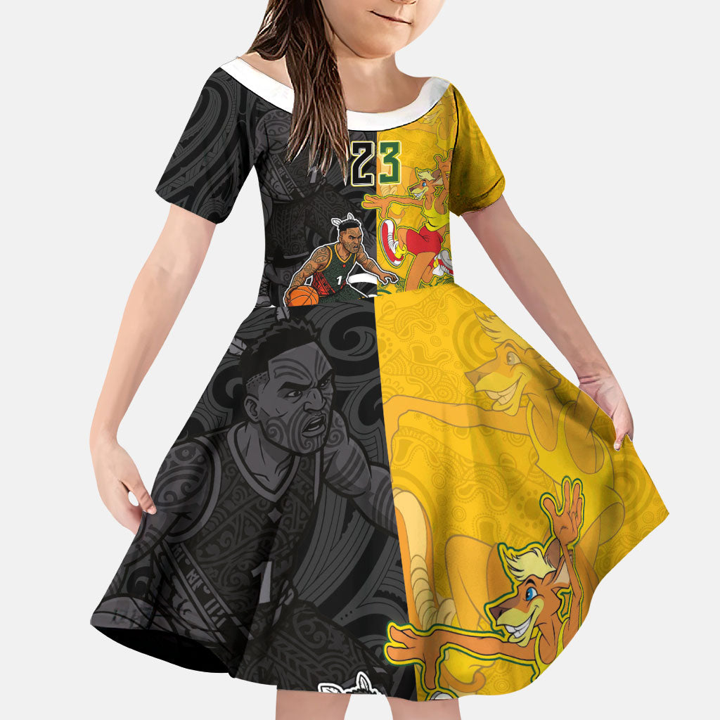Aotearoa New Zealand And Australia Basketball Custom Family Matching Puletasi and Hawaiian Shirt Maori Tribal Tattoo And Aboriginal Dot Art Heritage LT03 Daughter's Dress Multicolor - Polynesian Pride