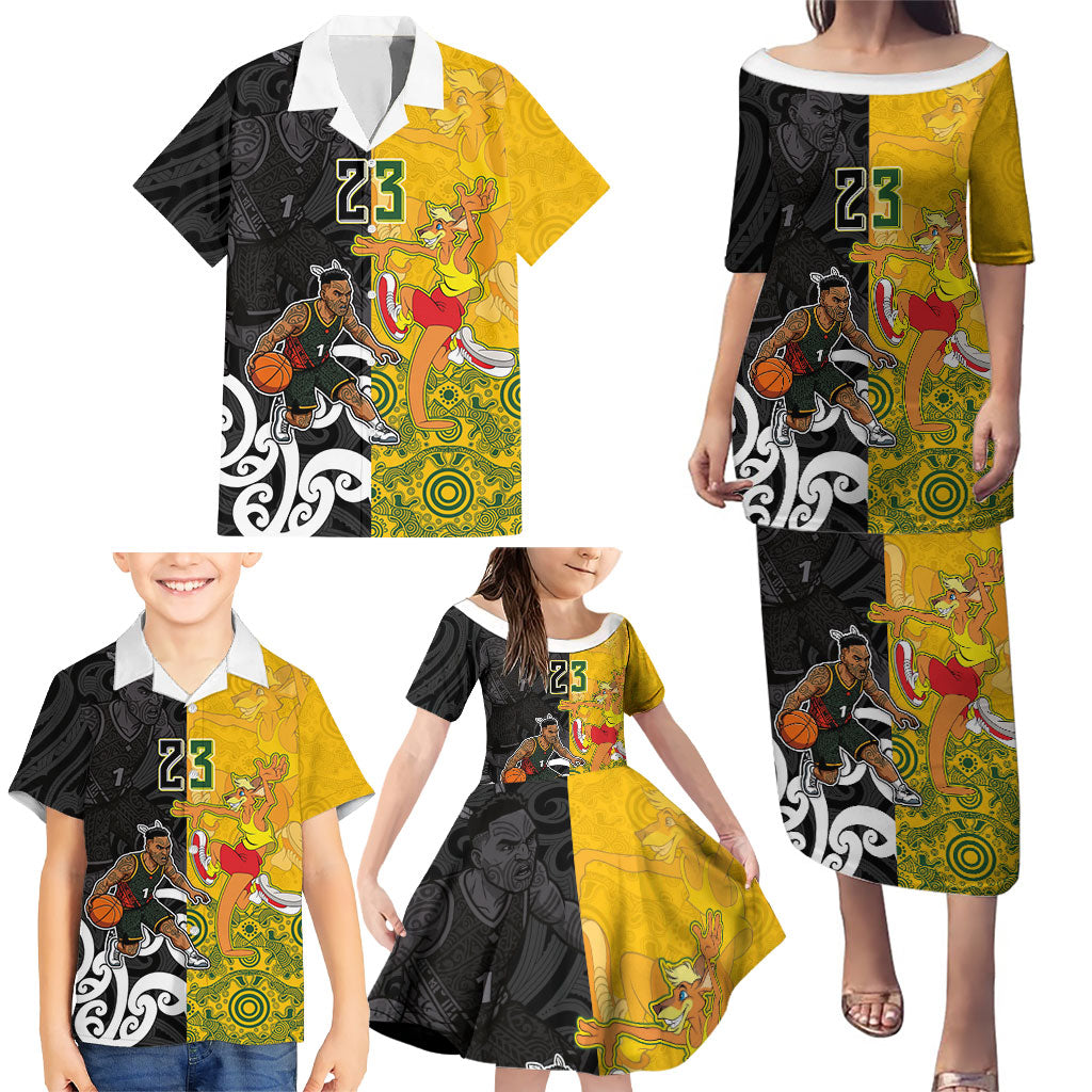 Aotearoa New Zealand And Australia Basketball Custom Family Matching Puletasi and Hawaiian Shirt Maori Tribal Tattoo And Aboriginal Dot Art Heritage LT03 - Polynesian Pride