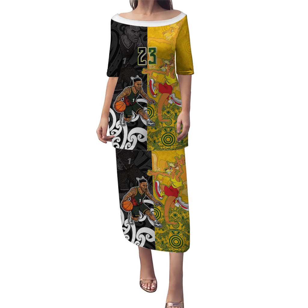 Aotearoa New Zealand And Australia Basketball Custom Family Matching Puletasi and Hawaiian Shirt Maori Tribal Tattoo And Aboriginal Dot Art Heritage LT03 Mom's Dress Multicolor - Polynesian Pride