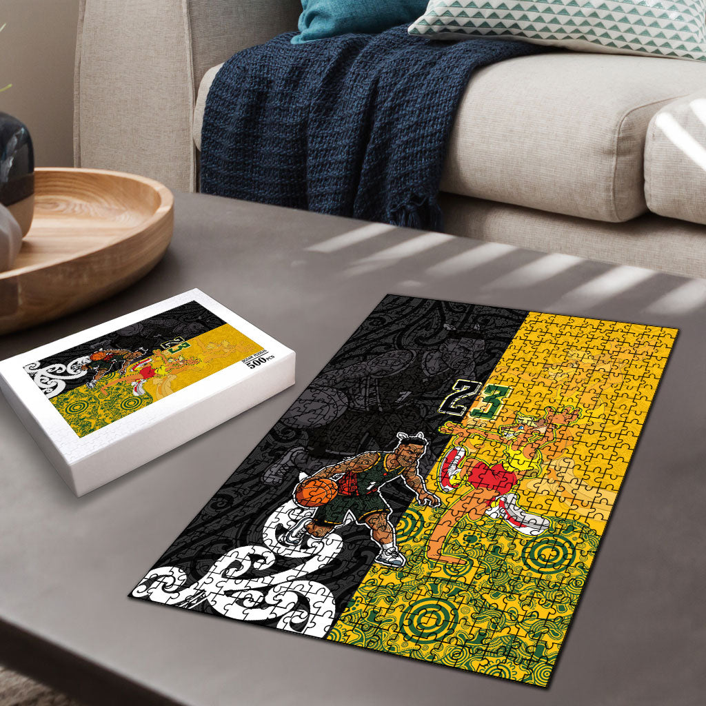 Aotearoa New Zealand And Australia Basketball Custom Puzzle Maori Tribal Tattoo And Aboriginal Dot Art Heritage