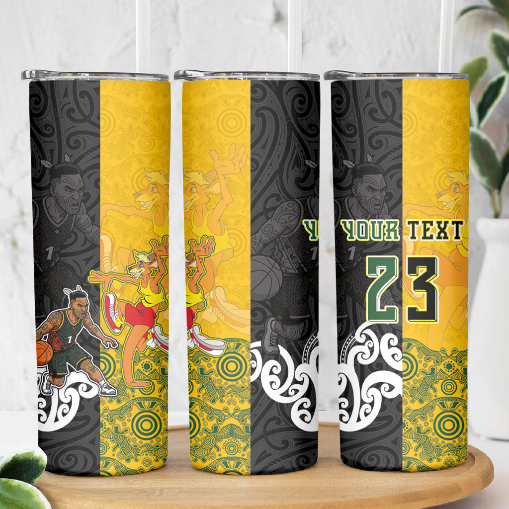 Aotearoa New Zealand And Australia Basketball Custom Skinny Tumbler Maori Tribal Tattoo And Aboriginal Dot Art Heritage