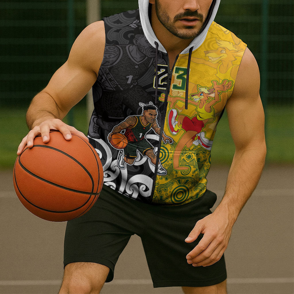 Aotearoa New Zealand And Australia Basketball Custom Sleeveless Zip Hoodie Maori Tribal Tattoo And Aboriginal Dot Art Heritage