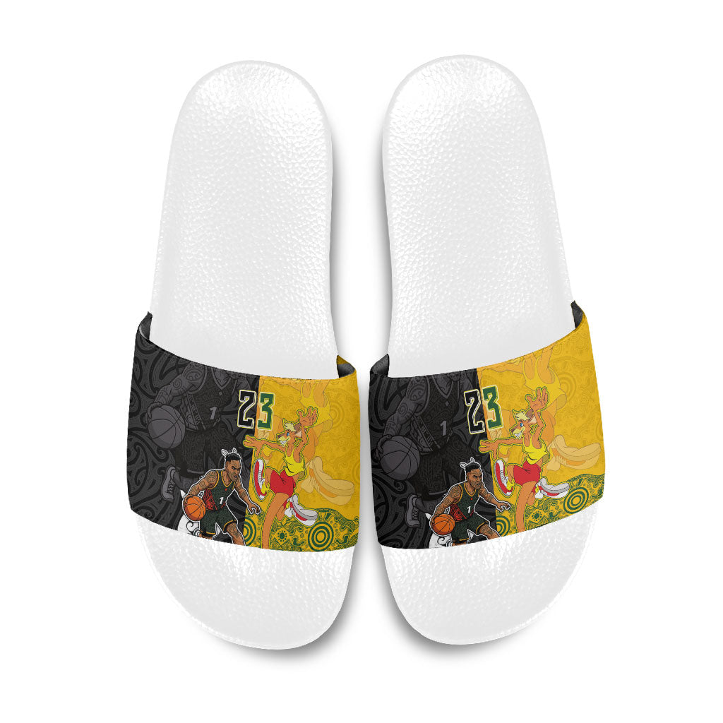 Aotearoa New Zealand And Australia Basketball Custom Slide Sandals Maori Tribal Tattoo And Aboriginal Dot Art Heritage