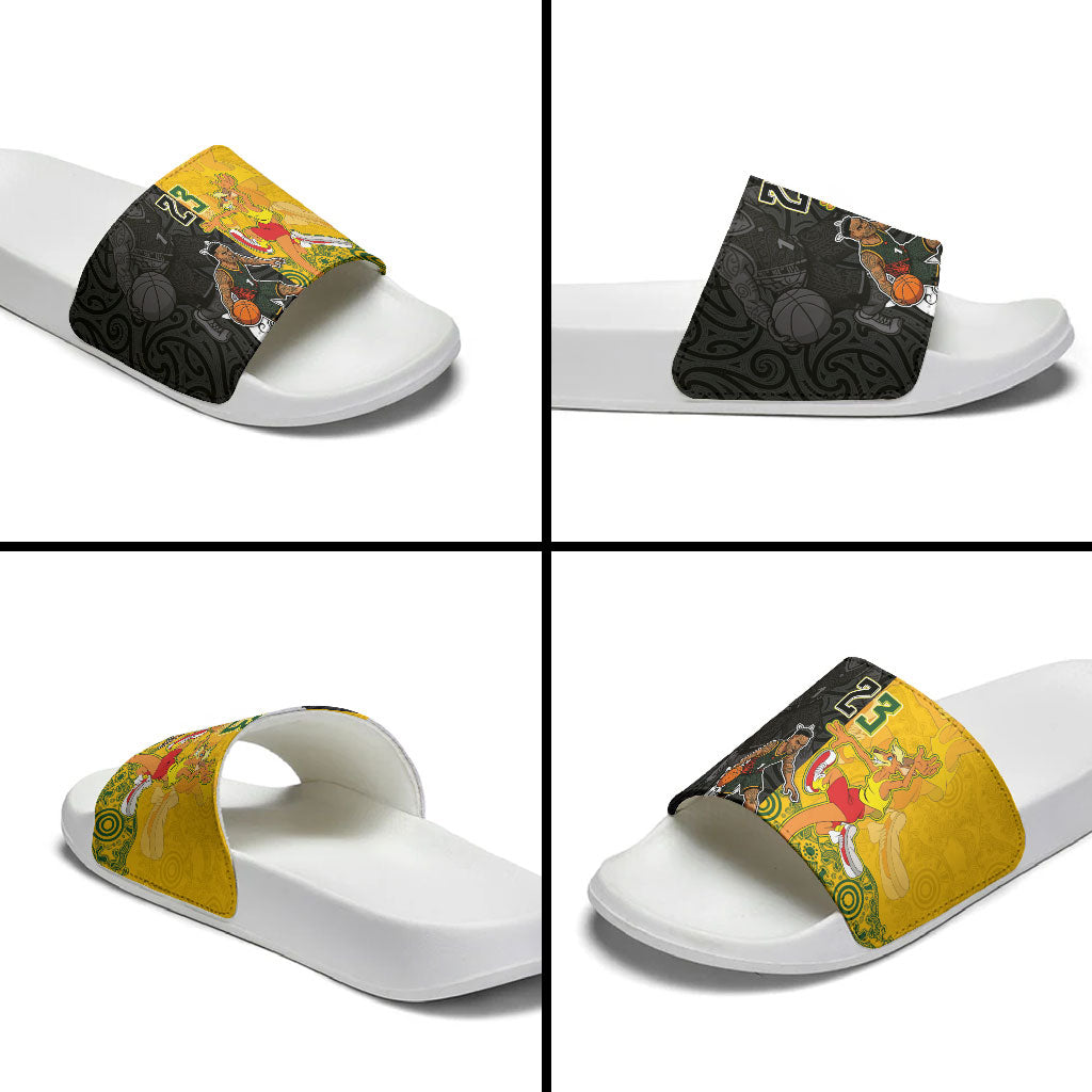 Aotearoa New Zealand And Australia Basketball Custom Slide Sandals Maori Tribal Tattoo And Aboriginal Dot Art Heritage