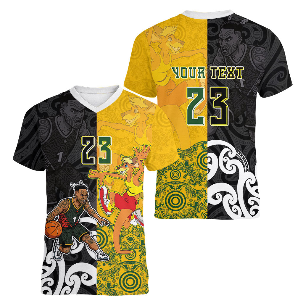 Aotearoa New Zealand And Australia Basketball Custom Women V-Neck T-Shirt Maori Tribal Tattoo And Aboriginal Dot Art Heritage