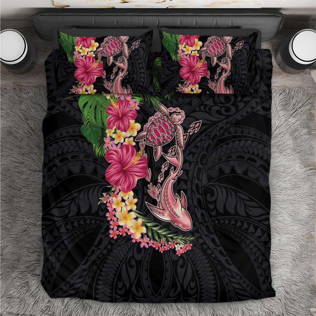 Hawaiian Tropical Plants Turtle and Shark Bedding Set Polynesian Art Tattoo LT03 Black - Polynesian Pride