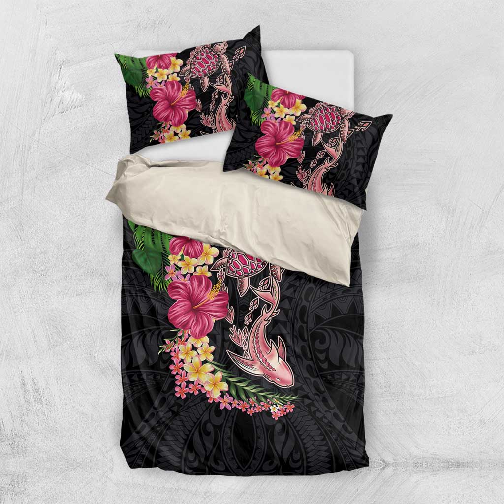 Hawaiian Tropical Plants Turtle and Shark Bedding Set Polynesian Art Tattoo LT03 US Twin 172cm x 218cm Black - Polynesian Pride