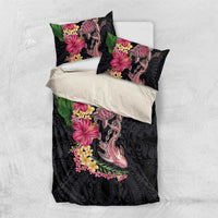 Hawaiian Tropical Plants Turtle and Shark Bedding Set Polynesian Art Tattoo LT03 US Twin 172cm x 218cm Black - Polynesian Pride