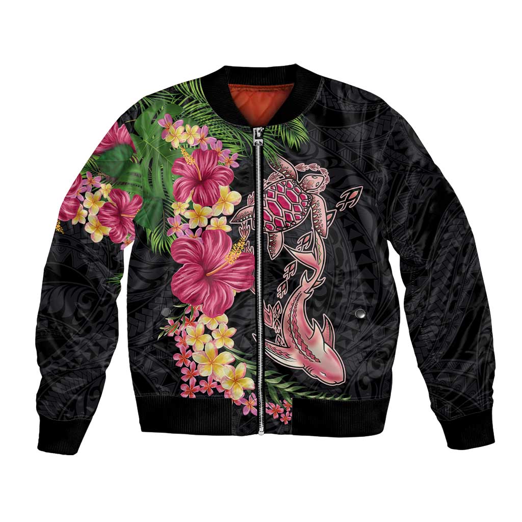 Hawaiian Tropical Plants Turtle and Shark Bomber Jacket Polynesian Art Tattoo