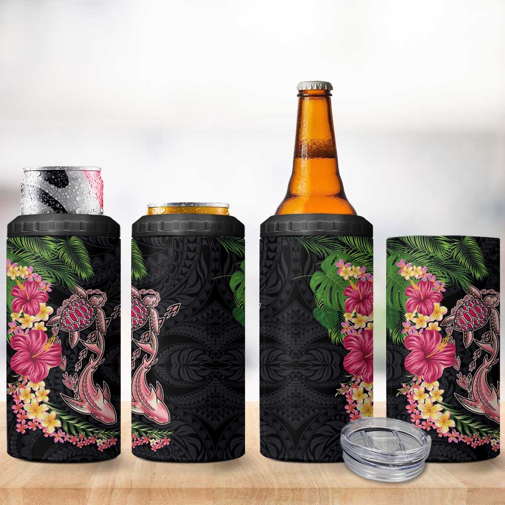 Hawaiian Tropical Plants Turtle and Shark 4 in 1 Can Cooler Tumbler Polynesian Art Tattoo