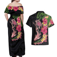 Hawaiian Tropical Plants Turtle and Shark Couples Matching Off Shoulder Maxi Dress and Hawaiian Shirt Polynesian Art Tattoo