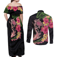 Hawaiian Tropical Plants Turtle and Shark Couples Matching Off Shoulder Maxi Dress and Long Sleeve Button Shirt Polynesian Art Tattoo