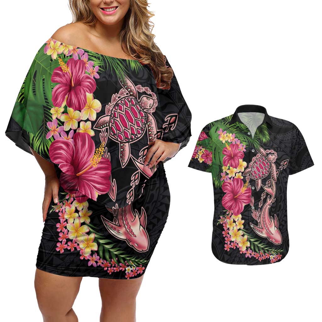 Hawaiian Tropical Plants Turtle and Shark Couples Matching Off Shoulder Short Dress and Hawaiian Shirt Polynesian Art Tattoo