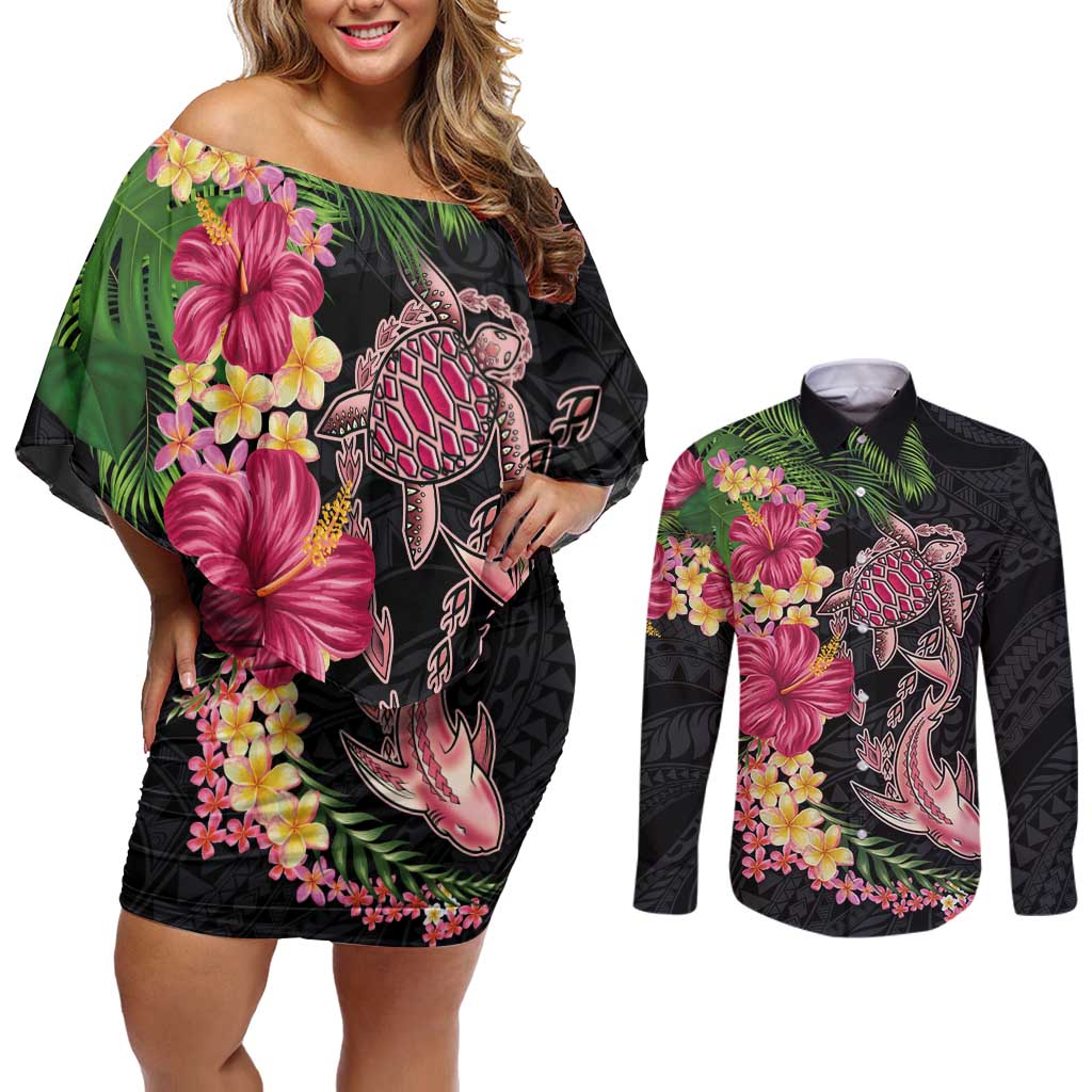 Hawaiian Tropical Plants Turtle and Shark Couples Matching Off Shoulder Short Dress and Long Sleeve Button Shirt Polynesian Art Tattoo
