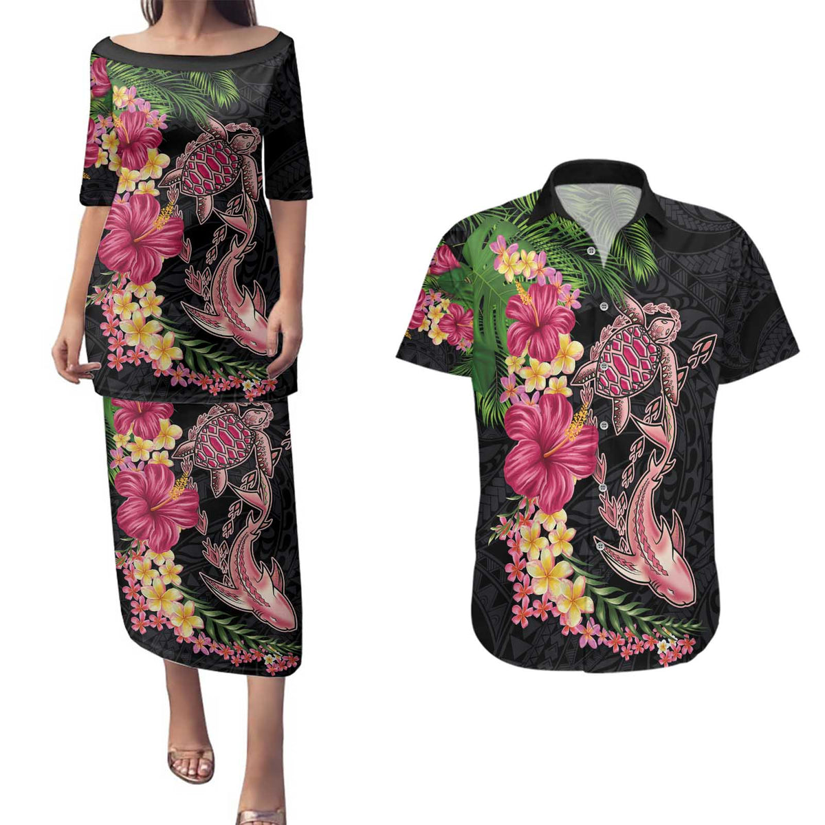 Hawaiian Tropical Plants Turtle and Shark Couples Matching Puletasi and Hawaiian Shirt Polynesian Art Tattoo