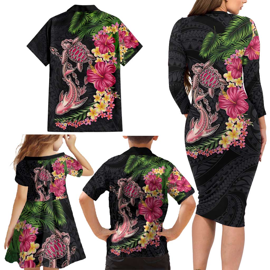 Hawaiian Tropical Plants Turtle and Shark Family Matching Long Sleeve Bodycon Dress and Hawaiian Shirt Polynesian Art Tattoo