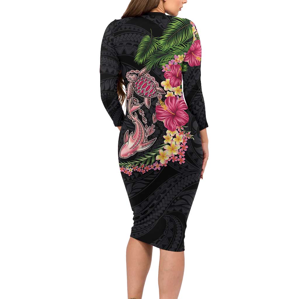 Hawaiian Tropical Plants Turtle and Shark Family Matching Long Sleeve Bodycon Dress and Hawaiian Shirt Polynesian Art Tattoo