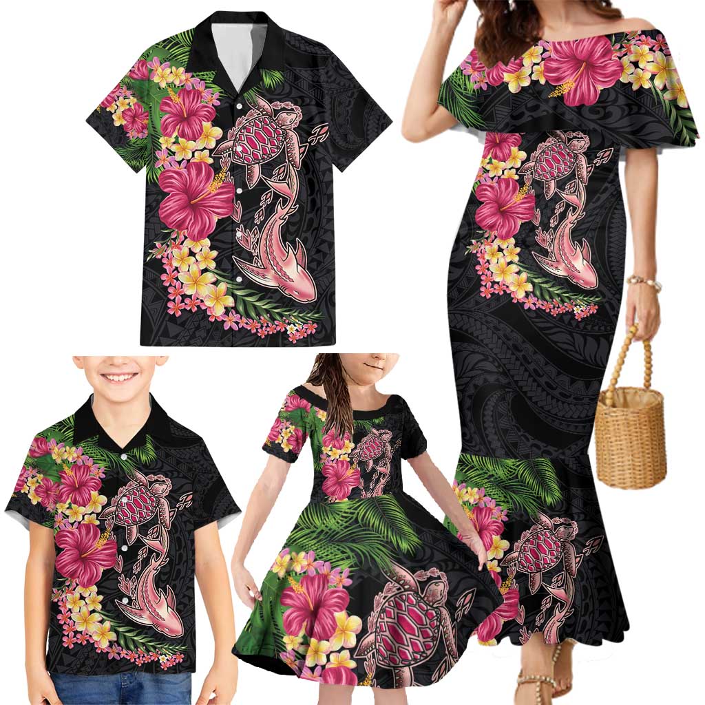 Hawaiian Tropical Plants Turtle and Shark Family Matching Mermaid Dress and Hawaiian Shirt Polynesian Art Tattoo