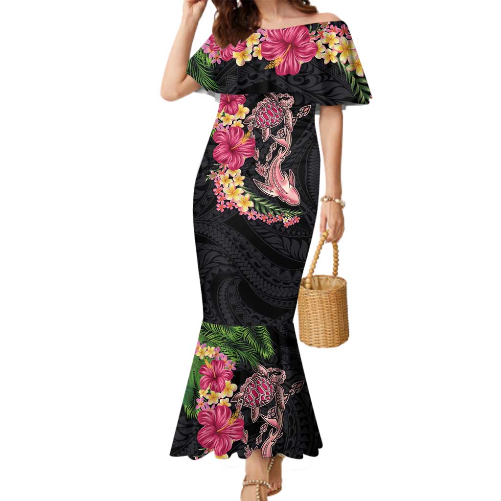 Hawaiian Tropical Plants Turtle and Shark Family Matching Mermaid Dress and Hawaiian Shirt Polynesian Art Tattoo